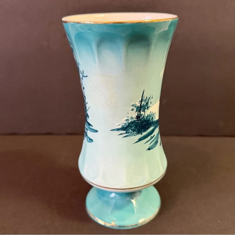Nautical Porcelain Vase Portugal Teal Blue Sailboat Hand Painted Mid Century H h